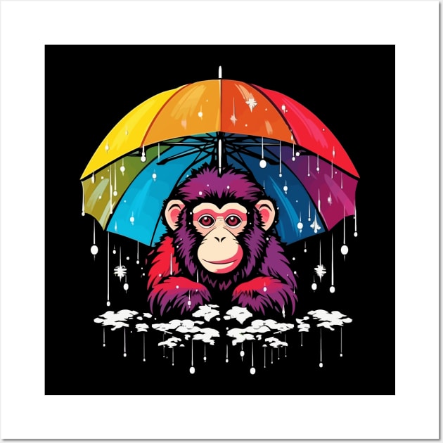 Snow Monkey Rainy Day With Umbrella Wall Art by JH Mart